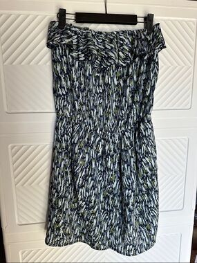 GAP Strapless Ruffle Dress in Blue, Navy & Olive Abstract Print